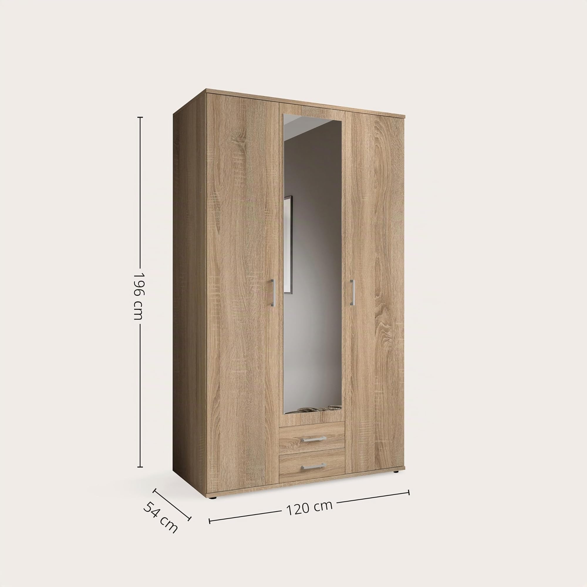 KARL, Elegante armadio a 3 ante molto capiente, versatile in effetto rovere Sonoma con anta a specchio, 120 x 195 x 55 cm