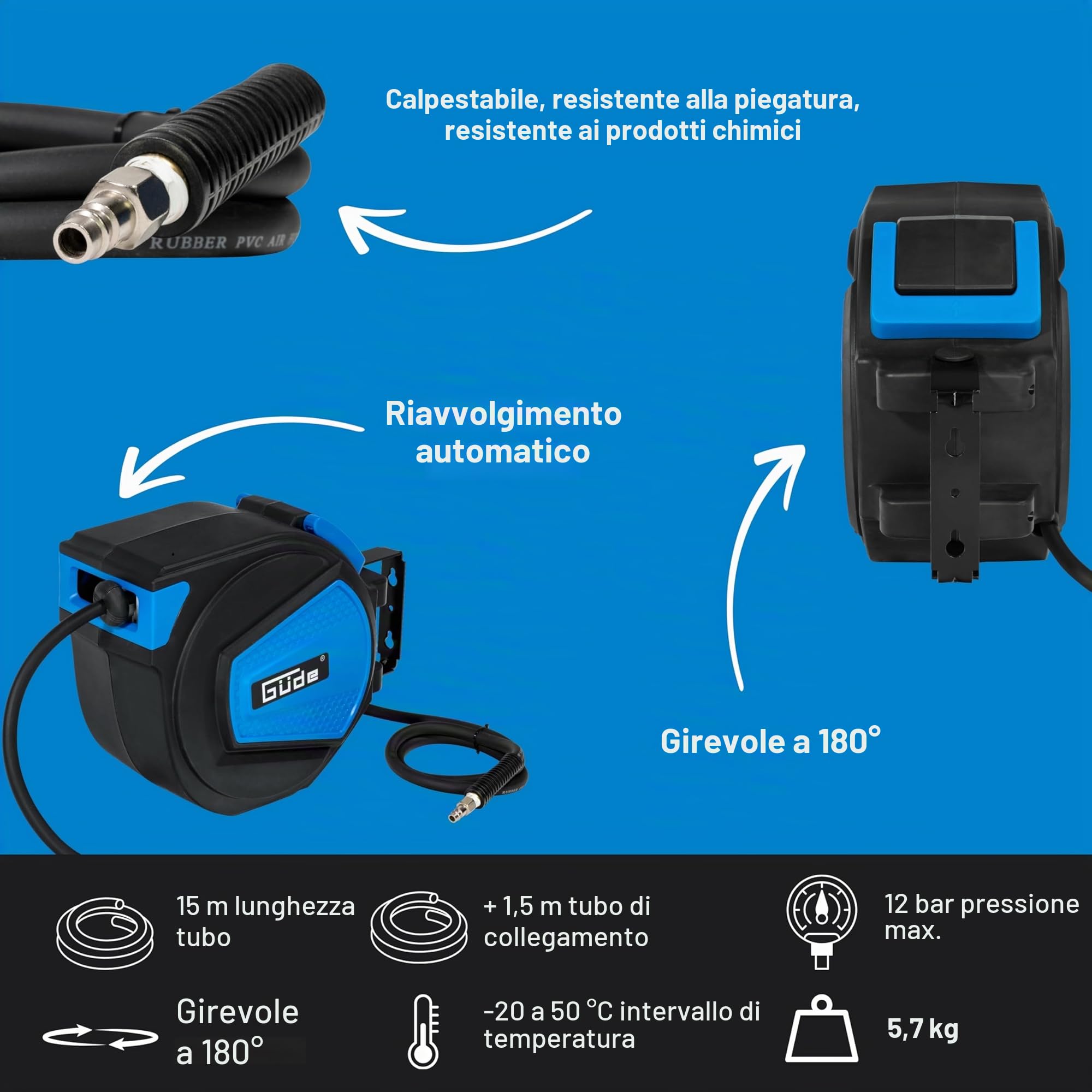 Güde 2882 - Avvolgitubo automatico, 15 m (12 bar max. pressione di lavoro, diametro interno 9,5 mm, spessore parete 3 mm)