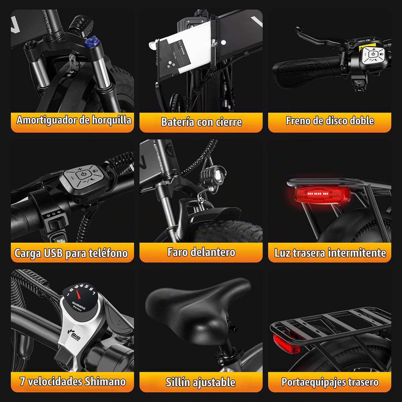 Bicicleta eléctrica Plegable para Adultos, Bicicleta eléctrica con batería extraíble de 48 V 13 Ah, neumáticos Gruesos de 20“ × 4,0”, 7 velocidades, autonomía de 40-110 km