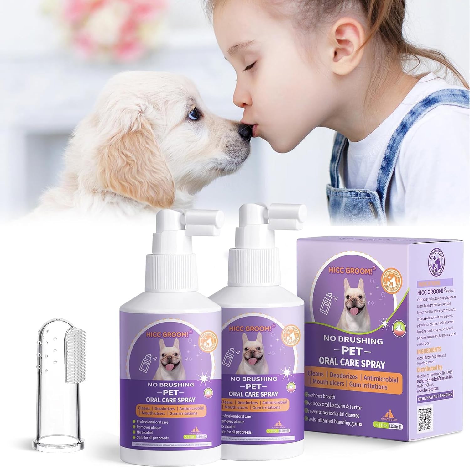 BOZILY HICC Groom! Pet Clean Teeth Spray With Finger Brush Teeth Cleaning Spray for Dogs & Cats Dental Care Spray Pet Oral Care Spray Targets Tartar & Plaque, Eliminate Bad Breath(50ml, 2Pcs)