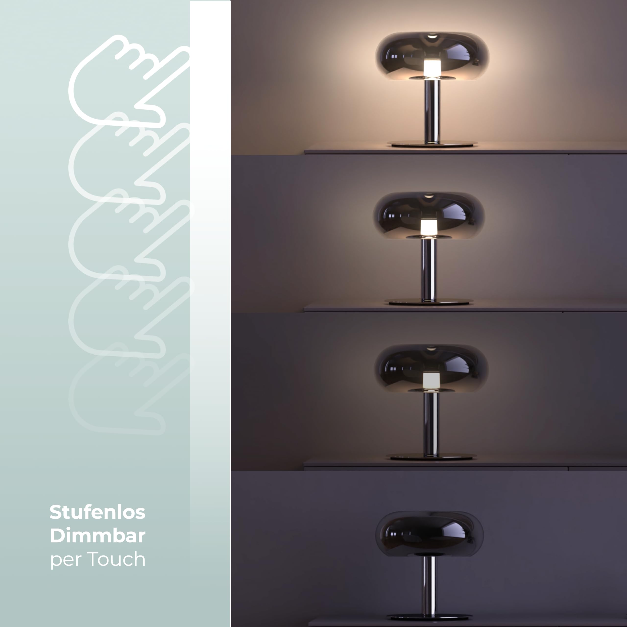 NEONA Lumio LED-Tischleuchte Retro – Dimmbar mit Touch-Funktion | Design-Pilzlampe in Chrom, Schwarz-Chrom & Orange | Moderne LED-Nachttischlampe für Sideboard, Schreibtisch & Wohnbereich