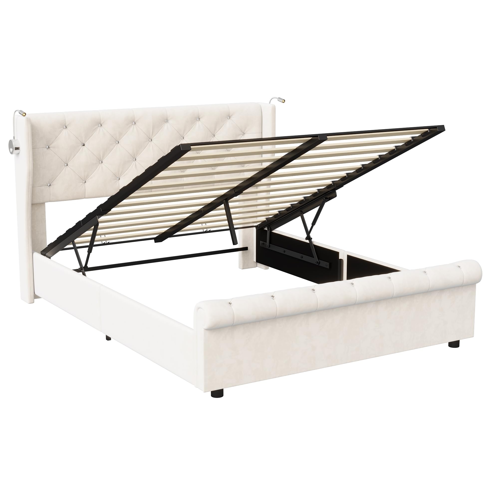 Cama de 160 x 200 cm con somier, cama tapizada con USB y 2 lámparas de lectura de cama acolchada con almacenamiento y somier de láminas, camas para adultos con lámpara de noche ajustable, terciopelo