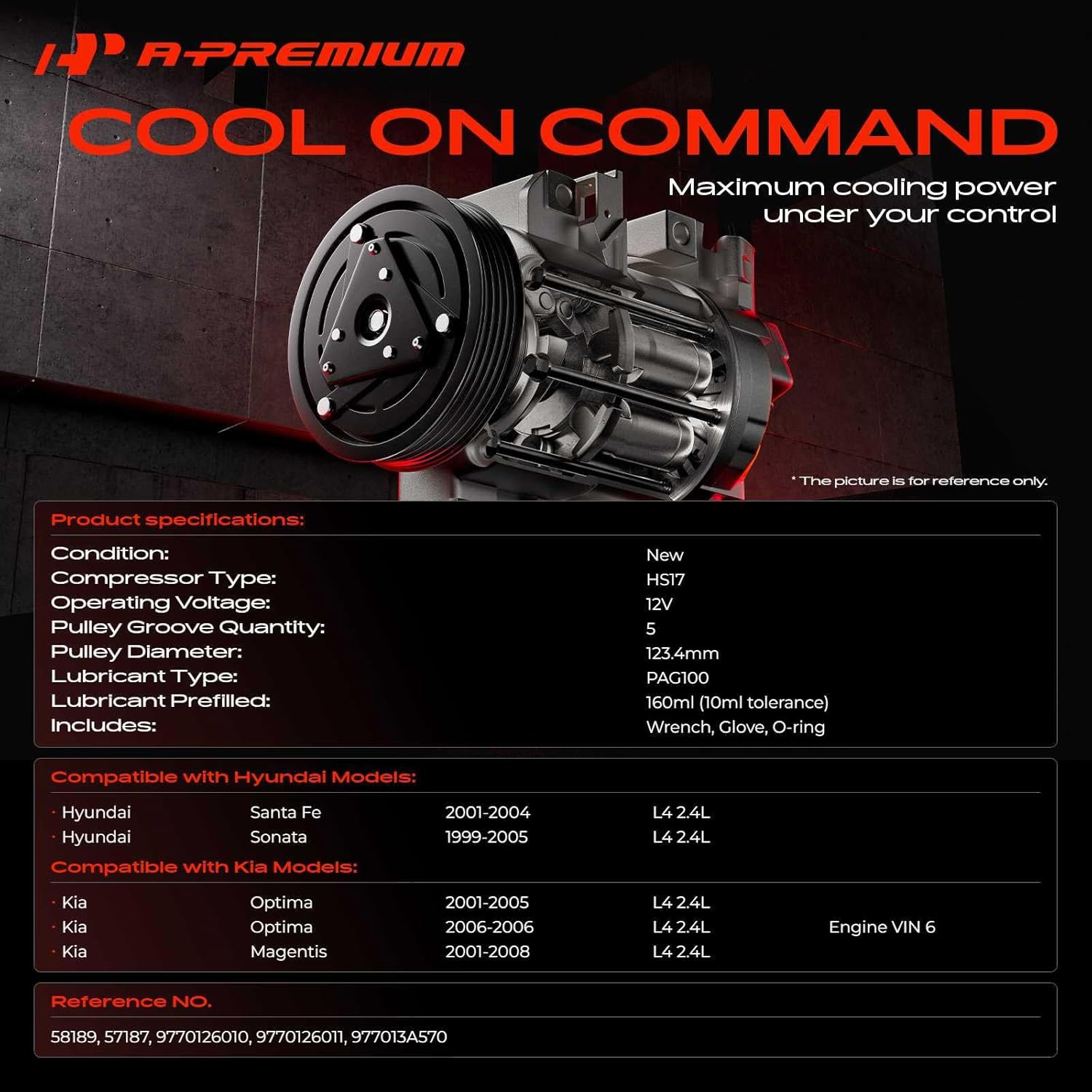 A-Premium Air Conditioner AC Compressor with Clutch Compatible with Hyundai Sonata 1999-2005, Santa Fe 2001-2004 & Kia Optima 2001-2006, Magentis 2001-2008, 2.4L, HS17 Style