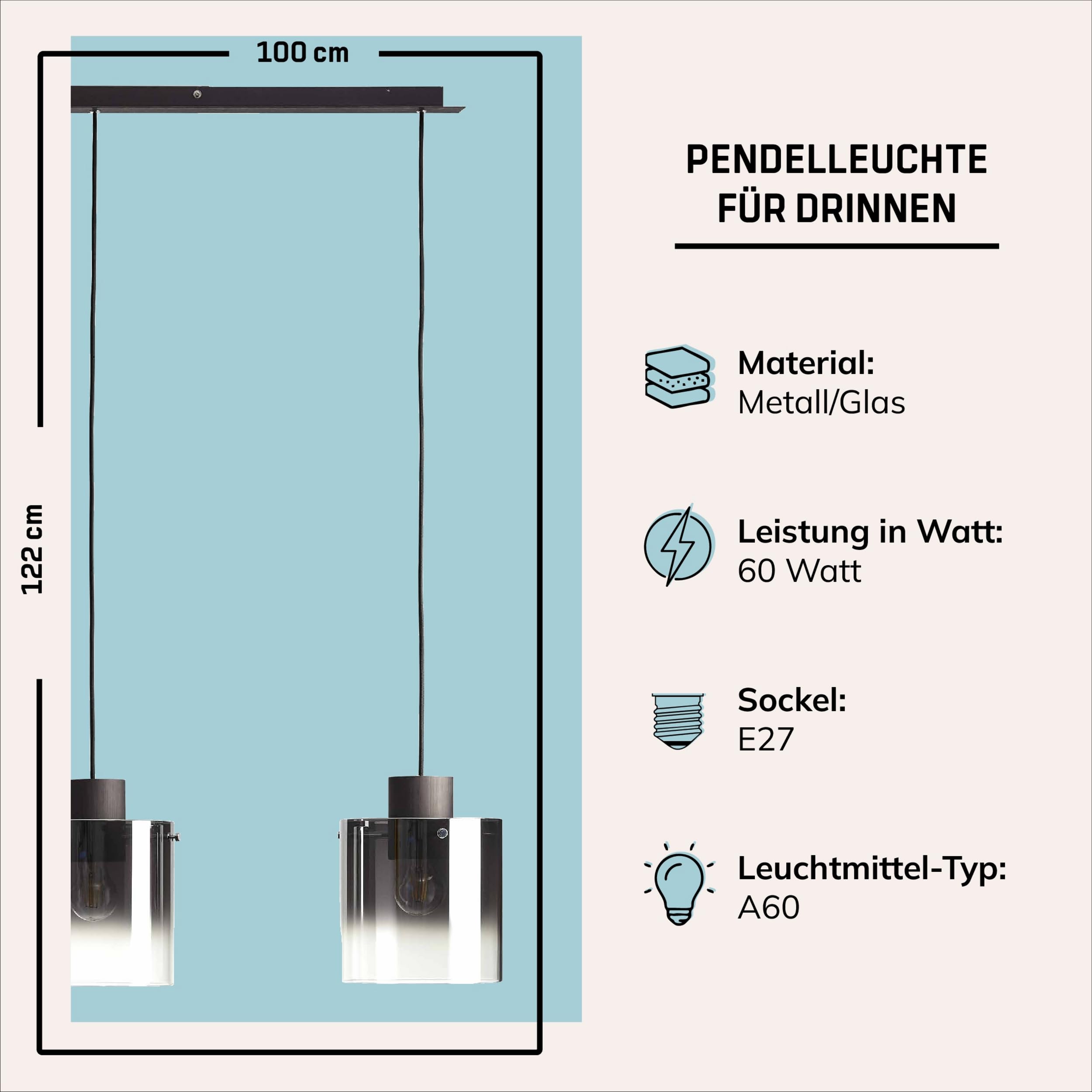 Lightbox Pendelleuchte 3-flammig - mit Rauchglas in Kaffee - Hängelampe für Esstisch, Küche & Wohnzimmer - exkl. E27 LED
