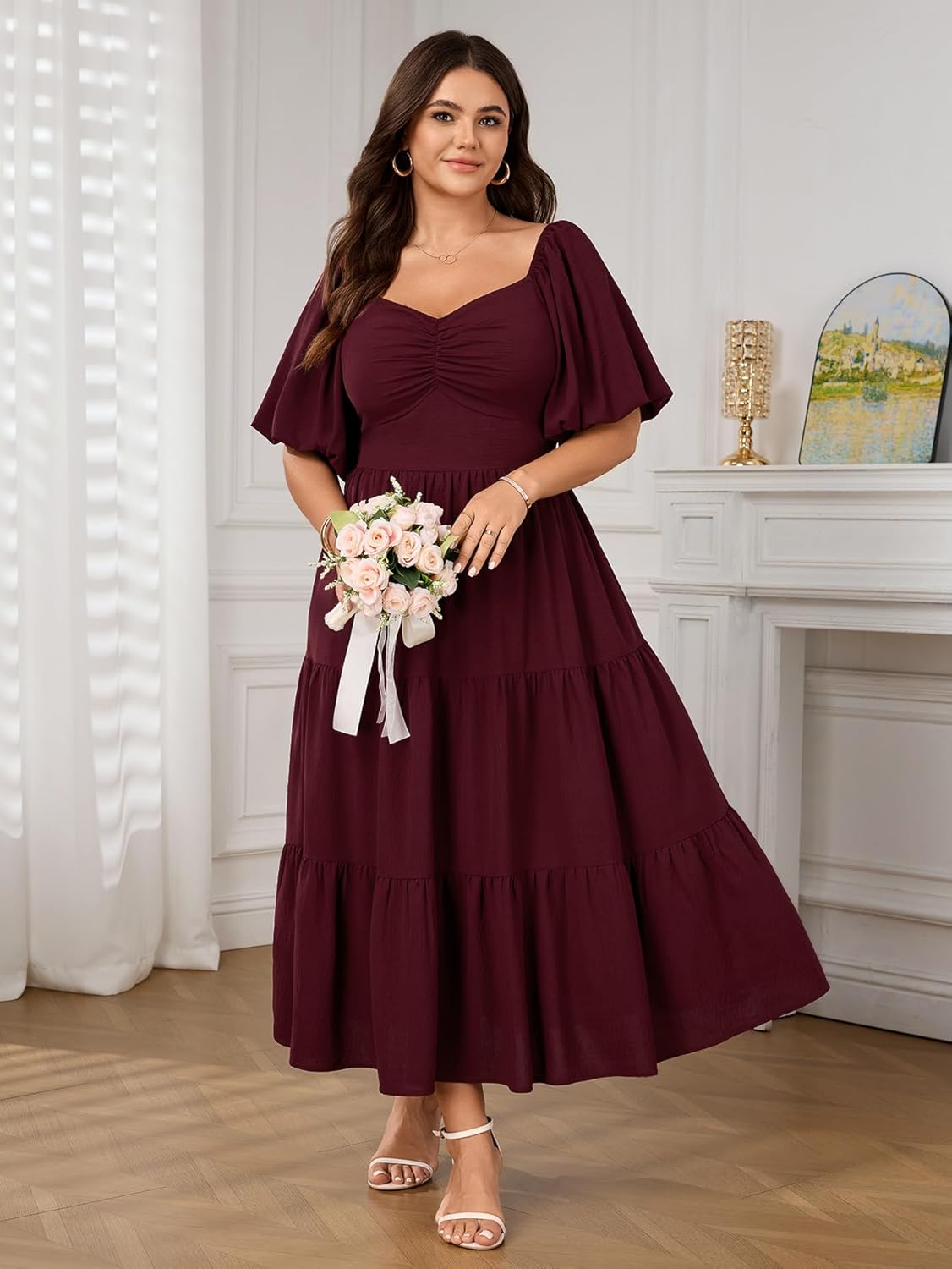 SHESTARR Womens Plus Size Dresses Wedding Guest Puffy Short Sleeve Sweetheart Smocked Tiered Flowy A Line Maxi Dress