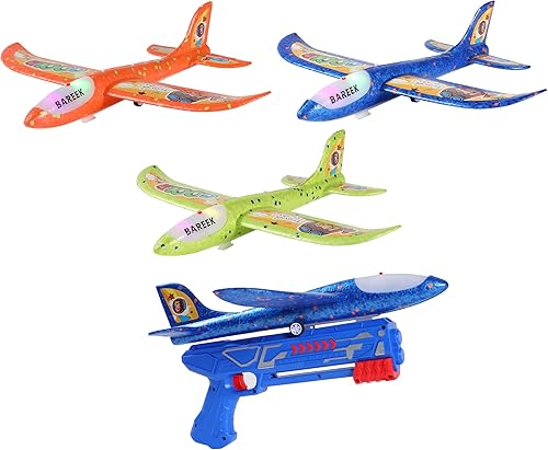 Miniatura 9 de Paquete de 3 lanzadores de aviones de juguete para niños, planeador de espuma ligera LED con lanzador de avión para jugar al aire libre, juguete