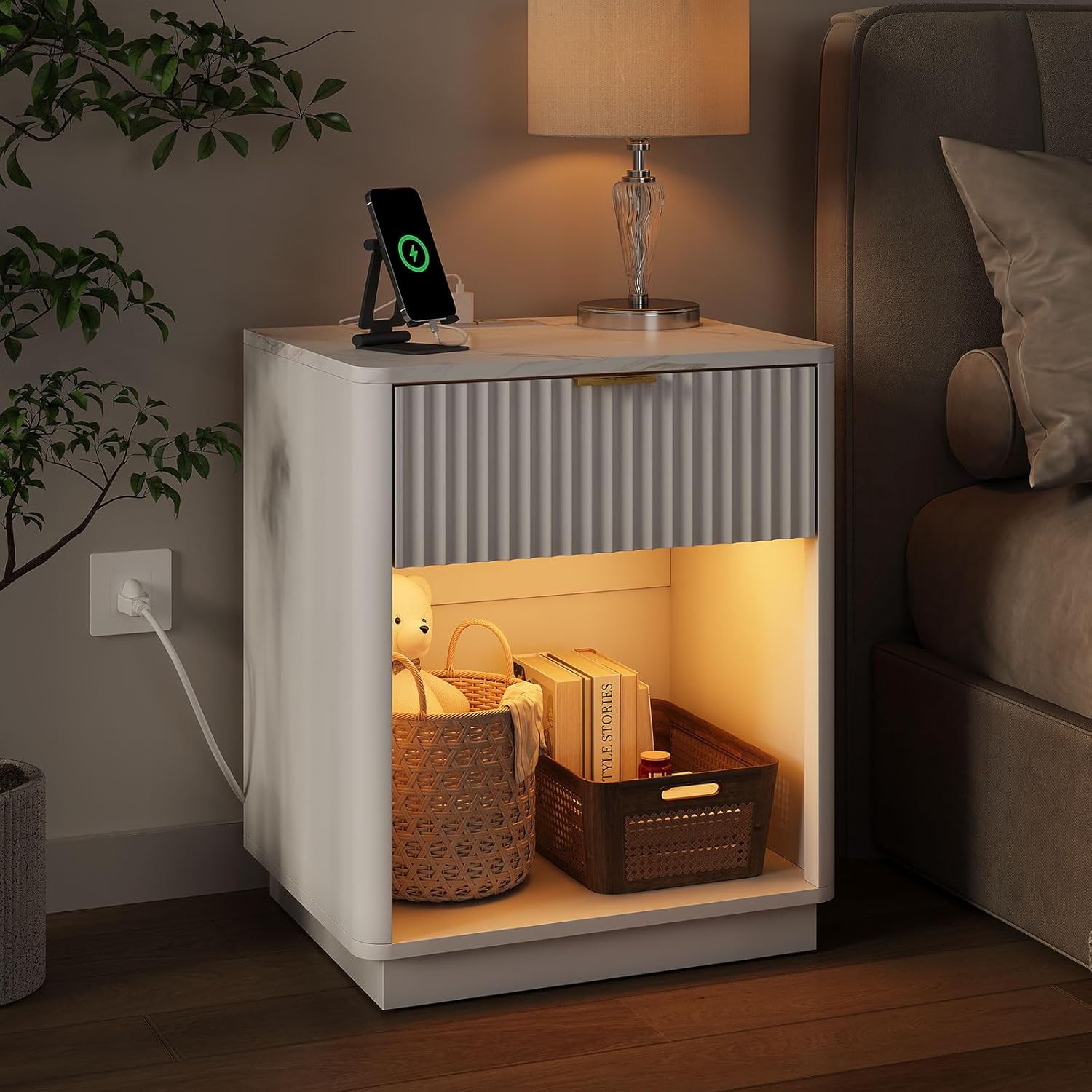 LED Nightstand, Bedside Table with Charging Station, Curved Profile Design, Faux Marble Top Night Stands with 1 Fluted Drawer & Open Storage Space for Bedroom/ 1 Drawer, White