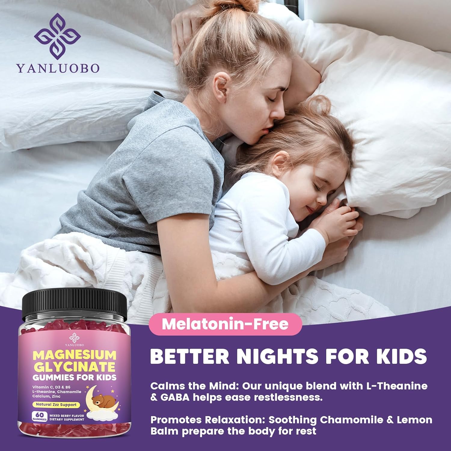 Kids Magnesium Gummies, Magnesium Glycinate Gummies 400mg/200mg with L-Theanine, Chamomile, Vitamin B6, D3 for Kids, Relaxation & Zzz Support, Nerve Bone - Sugar Free Mixed Berry Flavor 60ct - Image 6