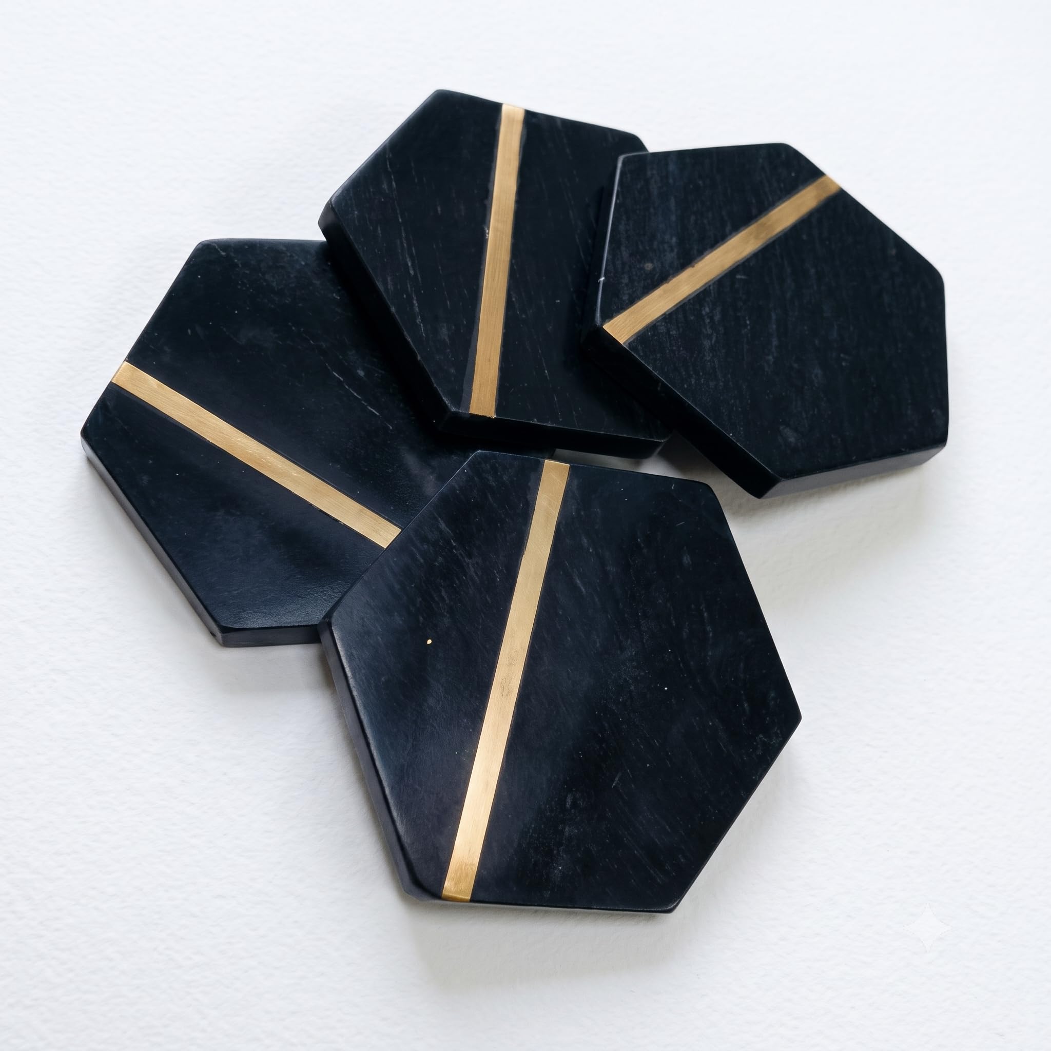 Vanoraa Natural Black Marble Hexagonal Coaster Set, with Gold Brass Inlay, 4 Inch, Pack of 4 /Table Coasters/Glass Coasters/Cup Holder/Coasters for Home/Tableware/Decor-image-42