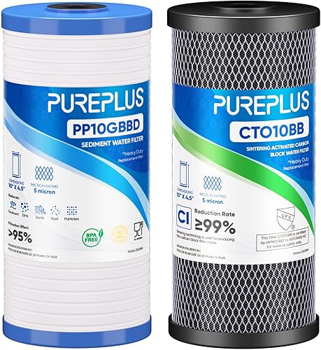 Miniatura 14 de PUREPLUS Combo de filtro de agua para toda la casa de 5 micrones, de 4.5 x 10 pulgadas, con sedimentos y filtro de bloque de carbón activado,