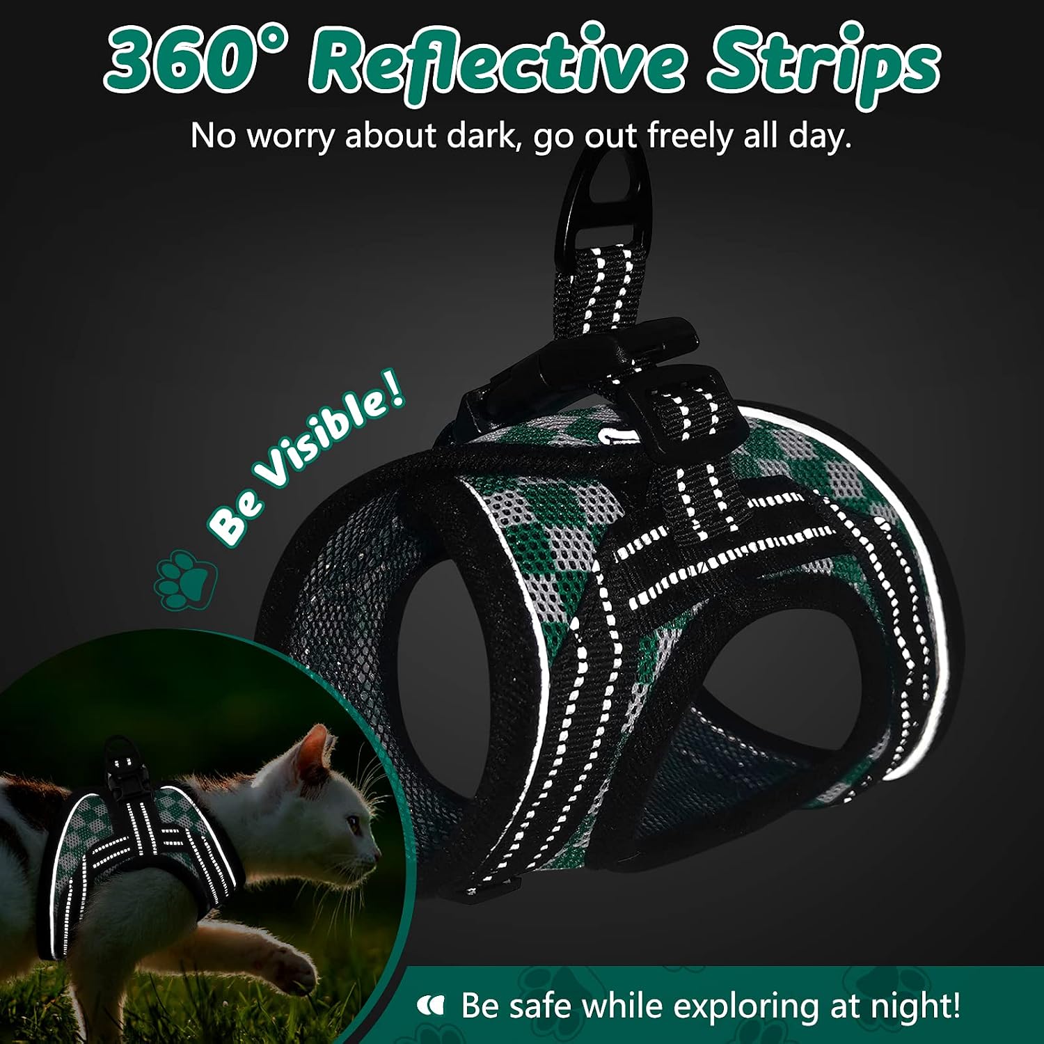 rabbitgoo Cat Harness and Leash, Escape Proof Cat Walking Harness, Adjustable Soft Mesh Kitty Vest Harness for Cats, Easy Control Breathable Outdoor Harness with Reflective Strips, Green Plaid, Medium