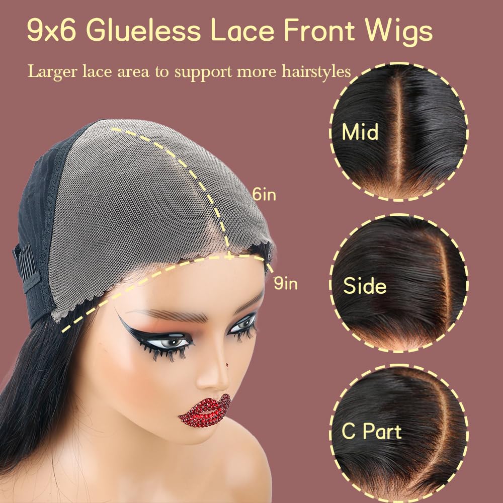 Glueless Wigs Human Hair Pre Plucked Pre Cut 9x6 Straight Lace Front Wigs 250 Density Invisi Drawstring Wigs 12A Brazilian Virgin Human Hair Wig Ready to Wear Wig 20 Inch