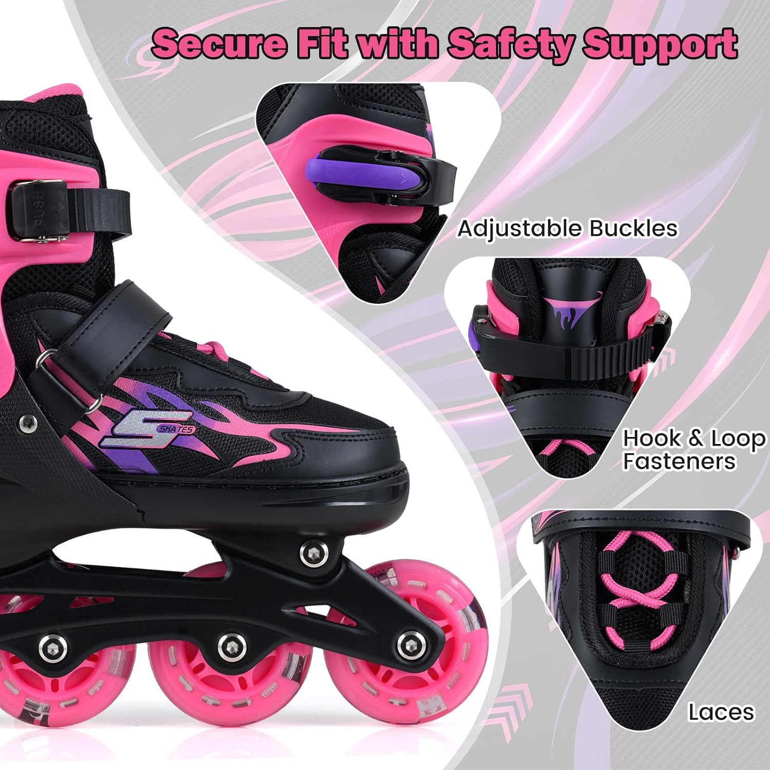 Children's Adjustable Roller Skates, Inline Skates with 4 Sizes & Luminous Wheels, Children's Roller Skates for Boys, Girls & Beginners, Suitable for Indoor & Outdoor (Pink)