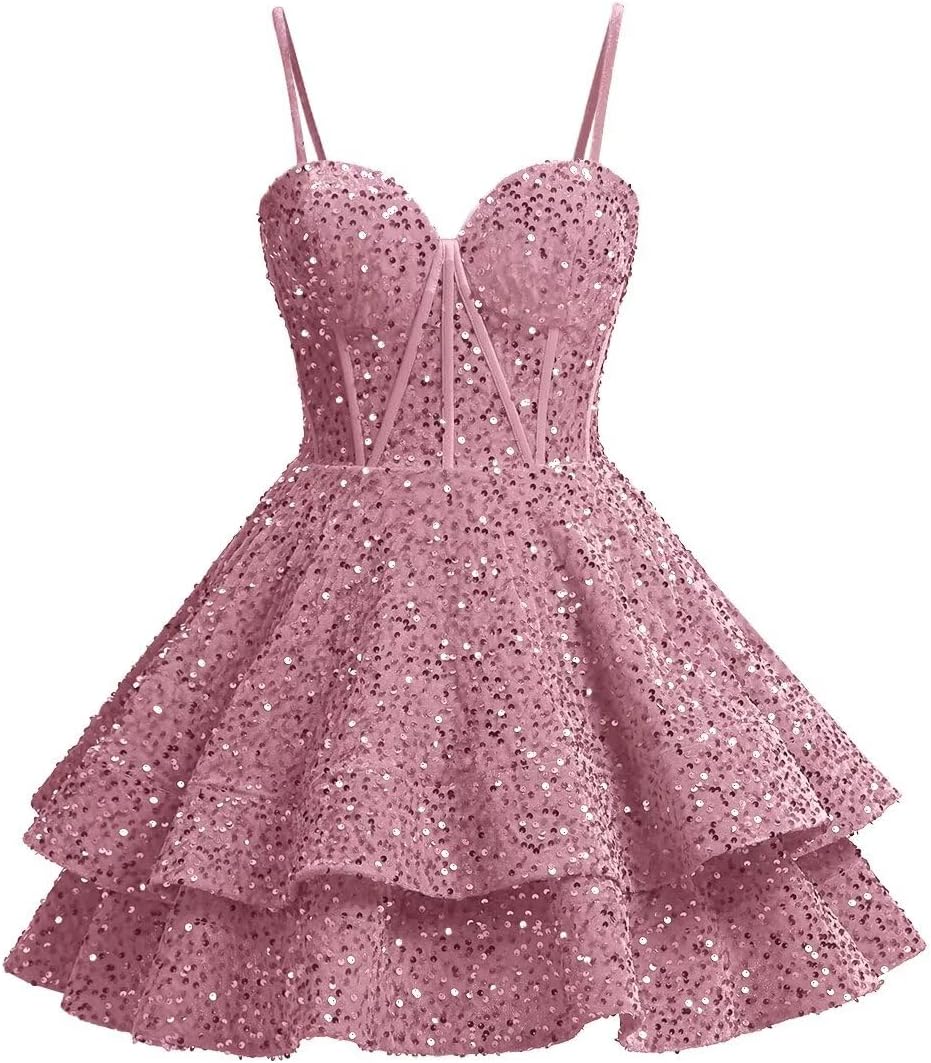 Short Sequin Homecoming Dresses for Teens Corset Sparkly Tiered HOCO Evening Party Cocktail Gown