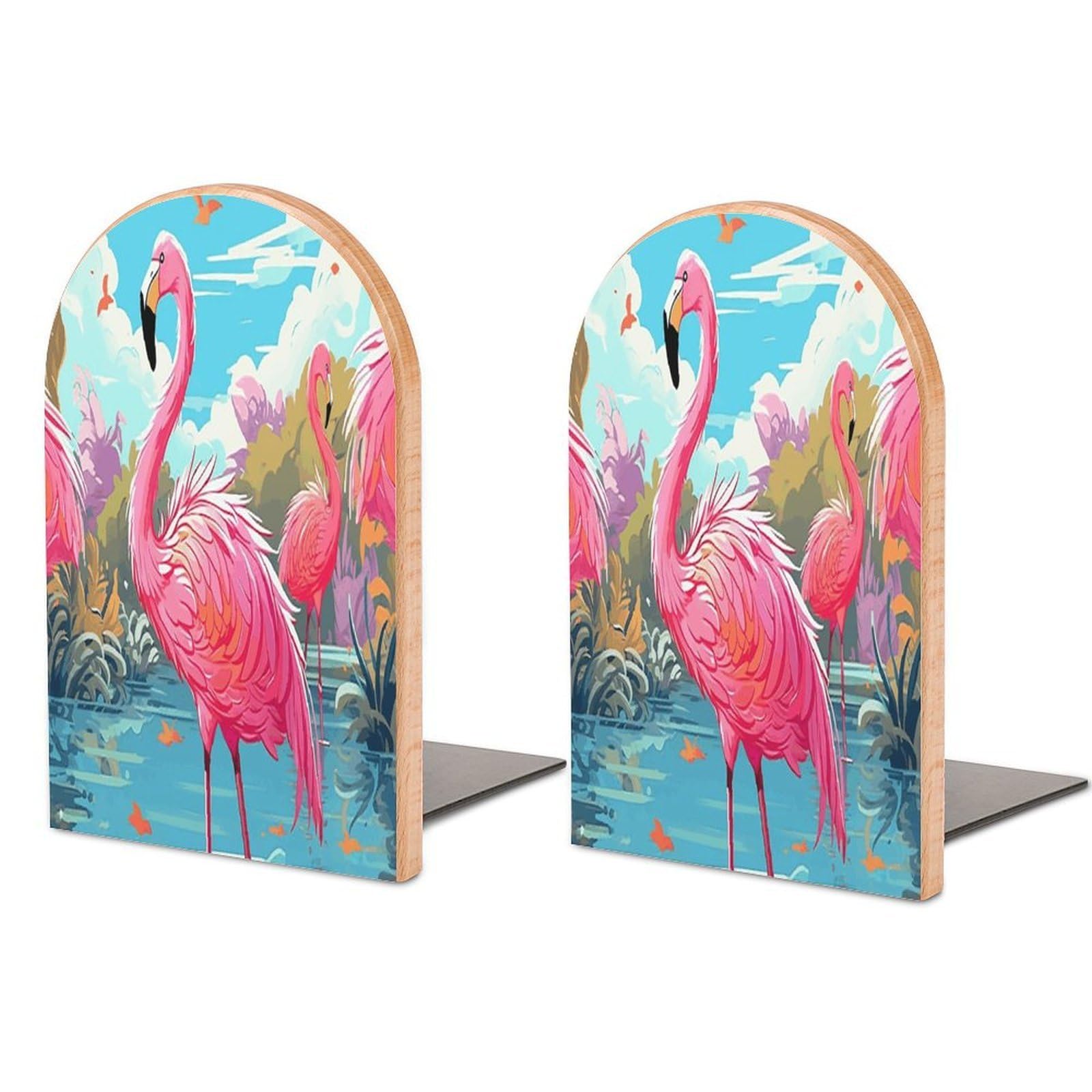 Flamingo Bird Bookend for Shelves Unique Book End Sturdy Books Holder Heavy Duty Wooden Bookends Support Non-Slip Book Organizers Decorative Modern Bookend Holder for Home
