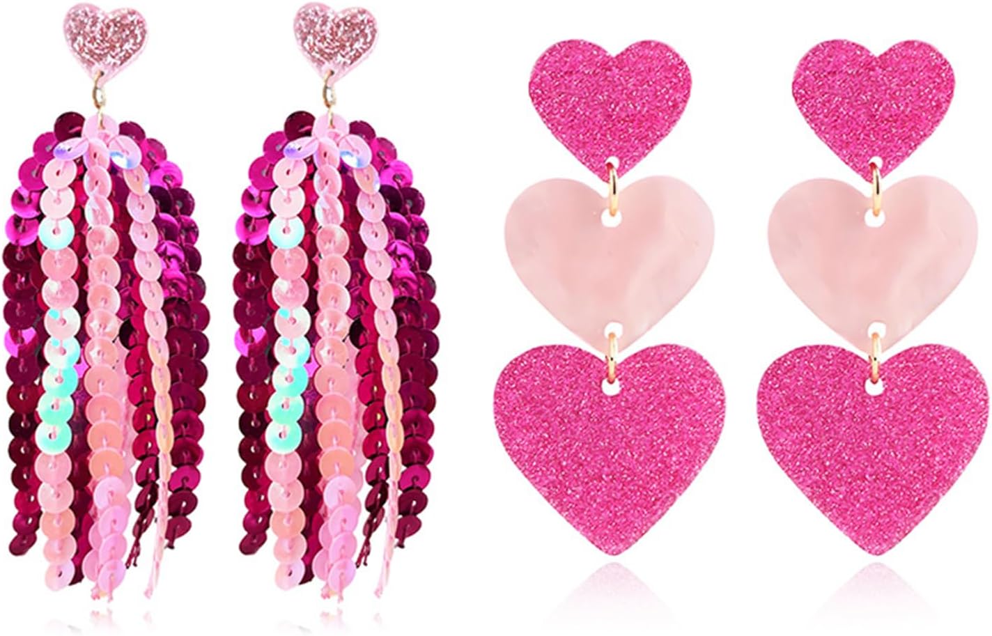 Romantic Heart Sequin Tassel Earrings for Women Glitter Hot Pink Heart Stud Earrings Game Day Dangle Earring Valentine's Day Wedding Birthday Party Jewelry Gift