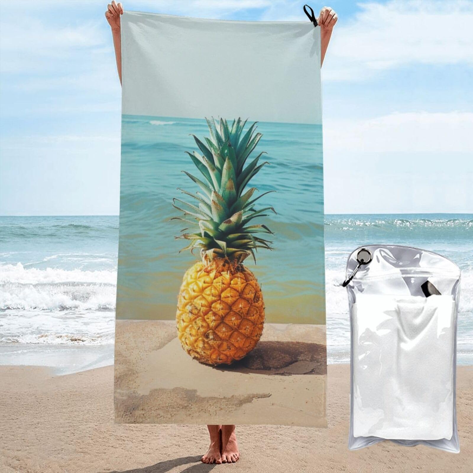 kkvhhyuo Microfiber Beach Towel, Pineapple by The Sea Printed Lightweight Quick Dry Travel Bath Sheet with Compact Carry Bag for Swimming Yoga Camping Gym,31.5"x63"