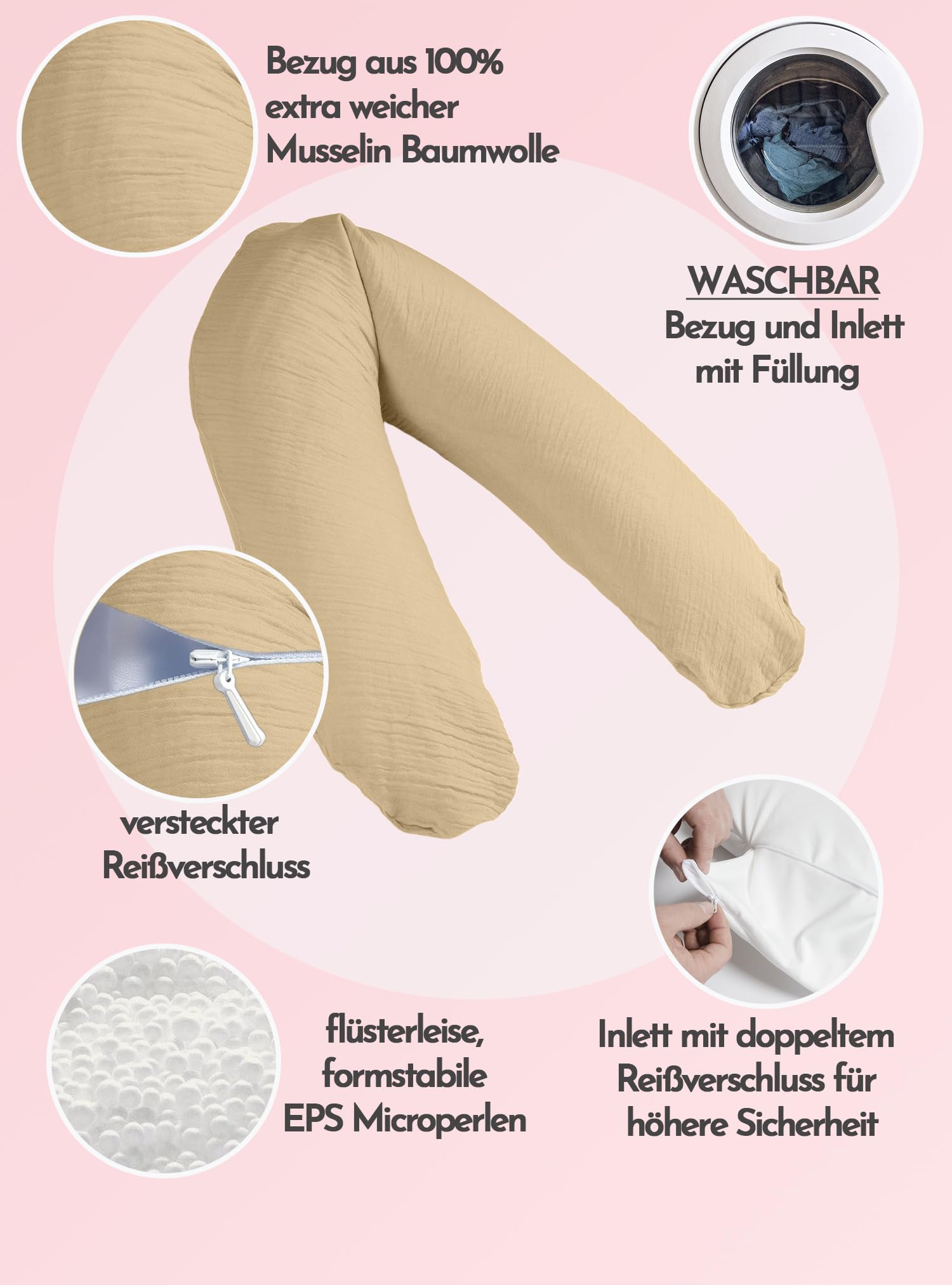 pic Bear Poduszka do karmienia premium – wysokiej jakości poduszka ciążowa – miękka poduszka do przechowywania z bawełny – poduszka do spania na boku bez substancji szkodliwych (muślin Tender Peach,
