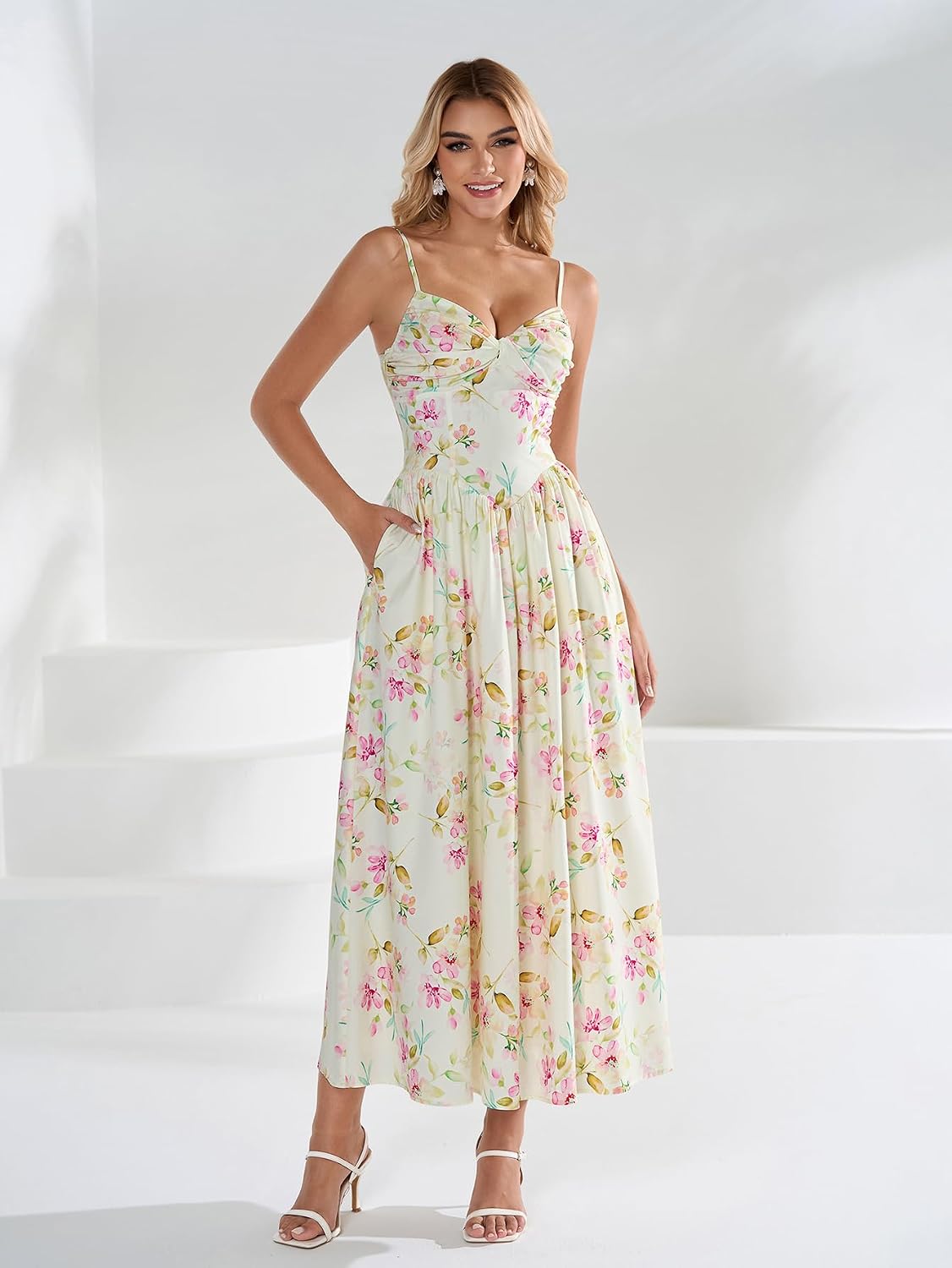 EYNMIN Women's Floral Midi Corset Dresses Flowy Spaghetti Strap Smocked 2026 Summer Spring Wedding Guest Dress with Pocket