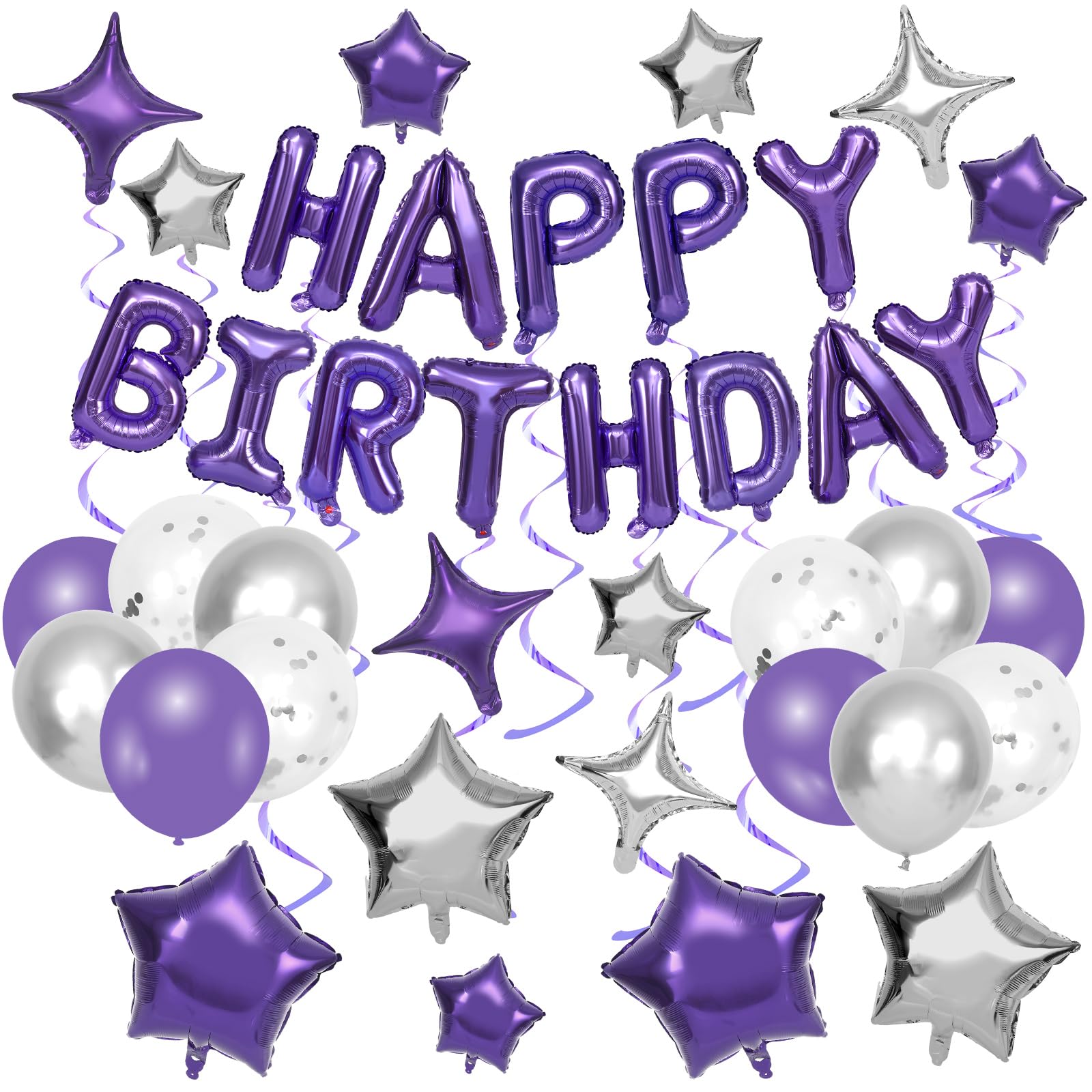 JarThenaAMCS 47 Pcs Happy Birthday Party Balloon Decoration Star Confetti Metallic Latex Foil Balloon Purple Silver Balloon Set for 16th 18th 20th