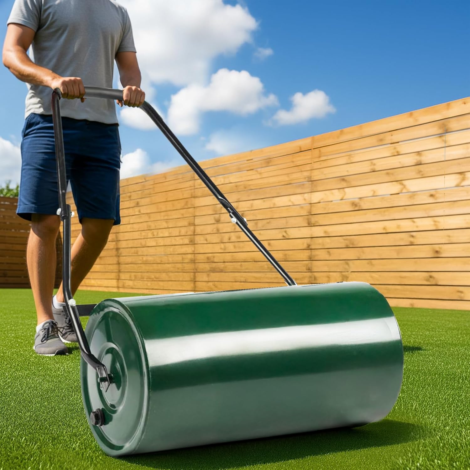 24in Heavy Duty Steel Lawn Roller,Manual Hand Lawns Roller,Water or Sand Filled Garden Rollers,Push/Tow-Behind Yard Rollers,with U-Shaped Handle,for Garden Yard Park Backyard Farm (Green & Black)
