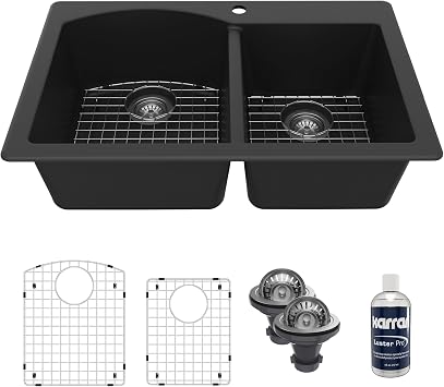 Karran 33" Top Mount Quartz Composite 60/40 Double Bowl Kitchen Sink Kit Black