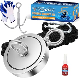 VNDUEEY 2625 LBS Strong Magnet Fishing Kit, Fishing Magnet Kit - Includes Heavy Duty 65 FT Rope, Grappling Hook, Gloves, Locking Carabiner - Magnetic Fishing for Treasure Hunt - 4.57inch