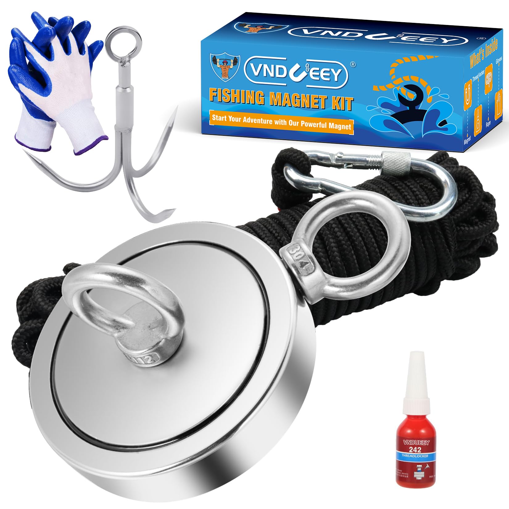 VNDUEEY 2625 LBS Strong Magnet Fishing Kit, Fishing Magnet Kit - Includes Heavy Duty 65 FT Rope, Grappling Hook, Gloves, Locking Carabiner - Magnetic