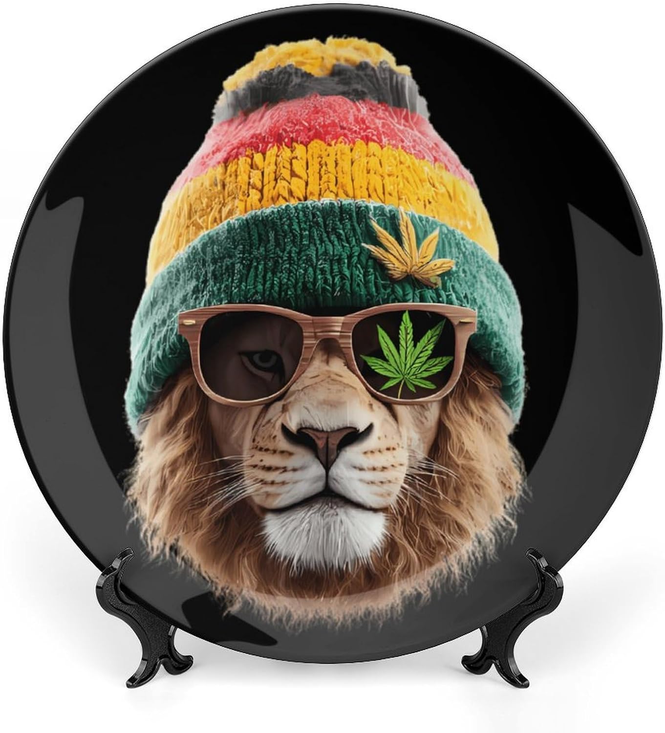Rasta Lion with Weed1 Novelty Decorative Plate with Display Stand Ceramic Ornament Hanging Wall Decor