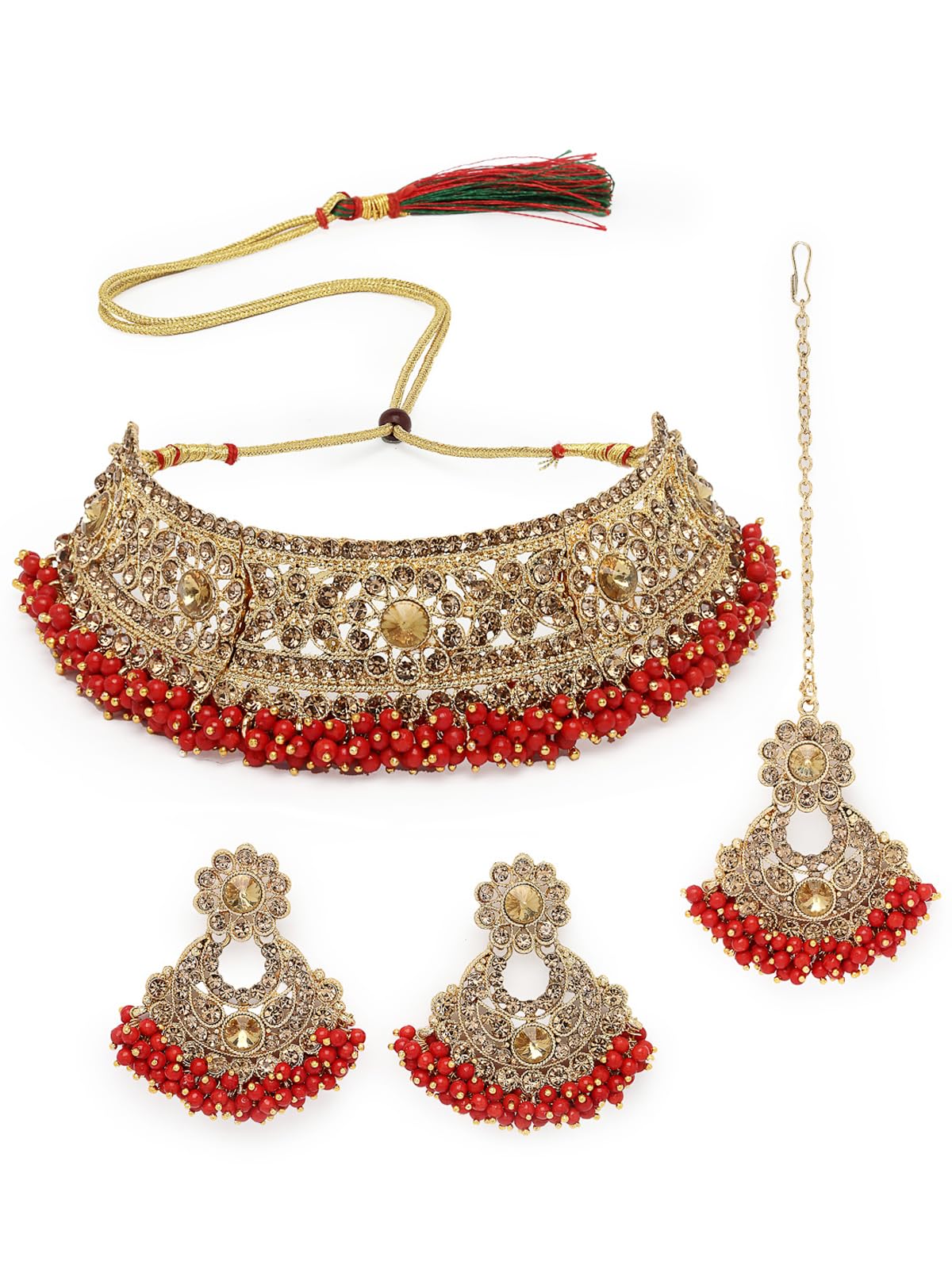 Sukkhi Fashion Gold Plated Red Kundan & Beads Floral Choker Necklace Set With Earring And Maangtika | Jewellery Set For Women (NS105482) (B0CBBC6D8H) Amazon Price History, Amazon Price Tracker