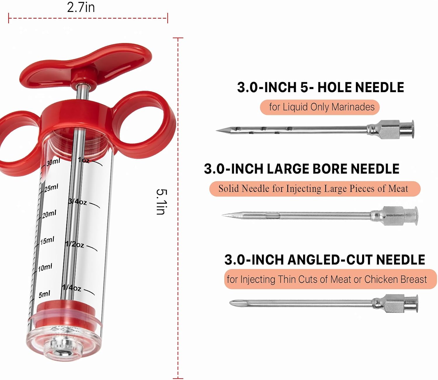 Kingsmile Meat Injector, Turkey Injector Syringe - 3 Needles for BBQ Grill, 1oz Meat Injector Syringe, Injector Marinades for Meats, Meat Injectors for Smoking 1 Cleaning Brush Easy to Use & Clean Red