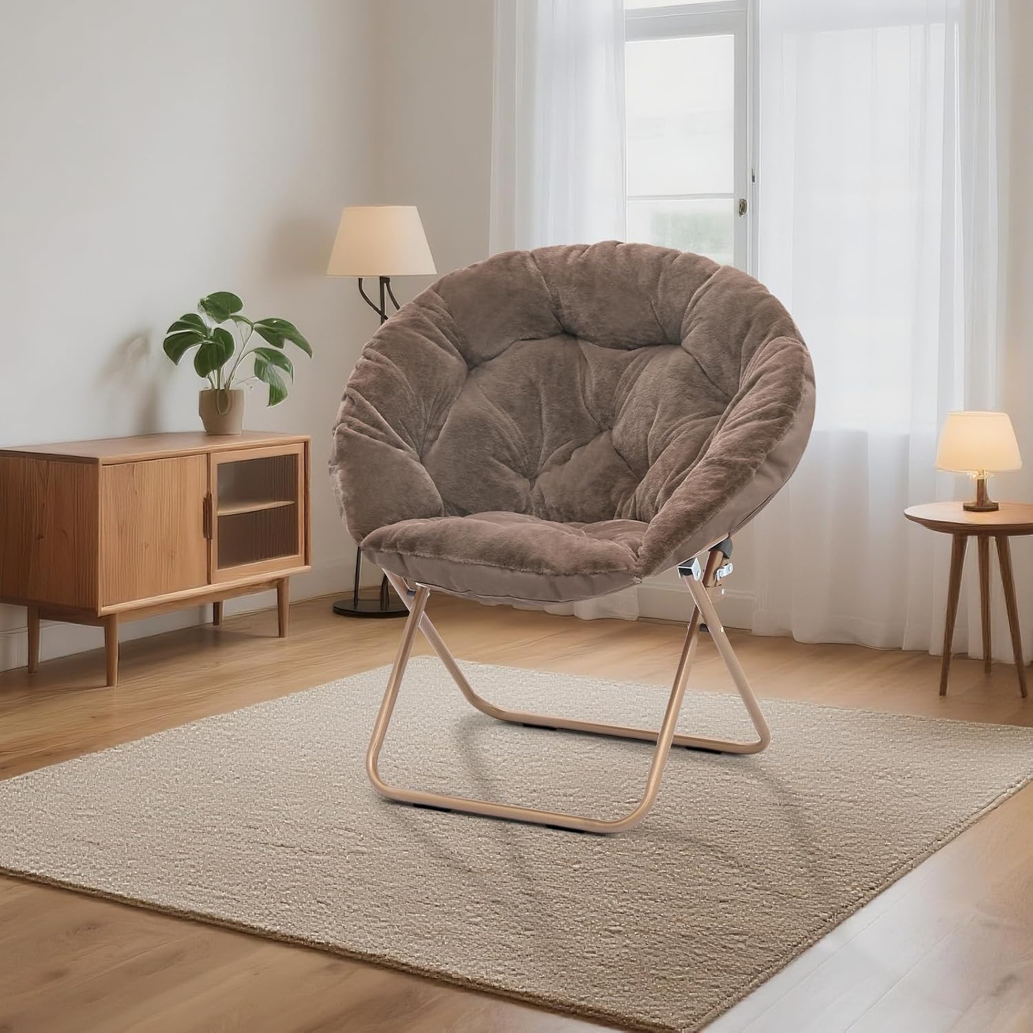 MoNiBloom Round Folding Faux Fur Saucer Chair for Bedroom Living Room Dorm Garden Courtyard Foldable Metal Frame Oversized Large Comfy Furry Padded Soft Lounge Lazy Cozy Moon Chair for Adults (Beige)