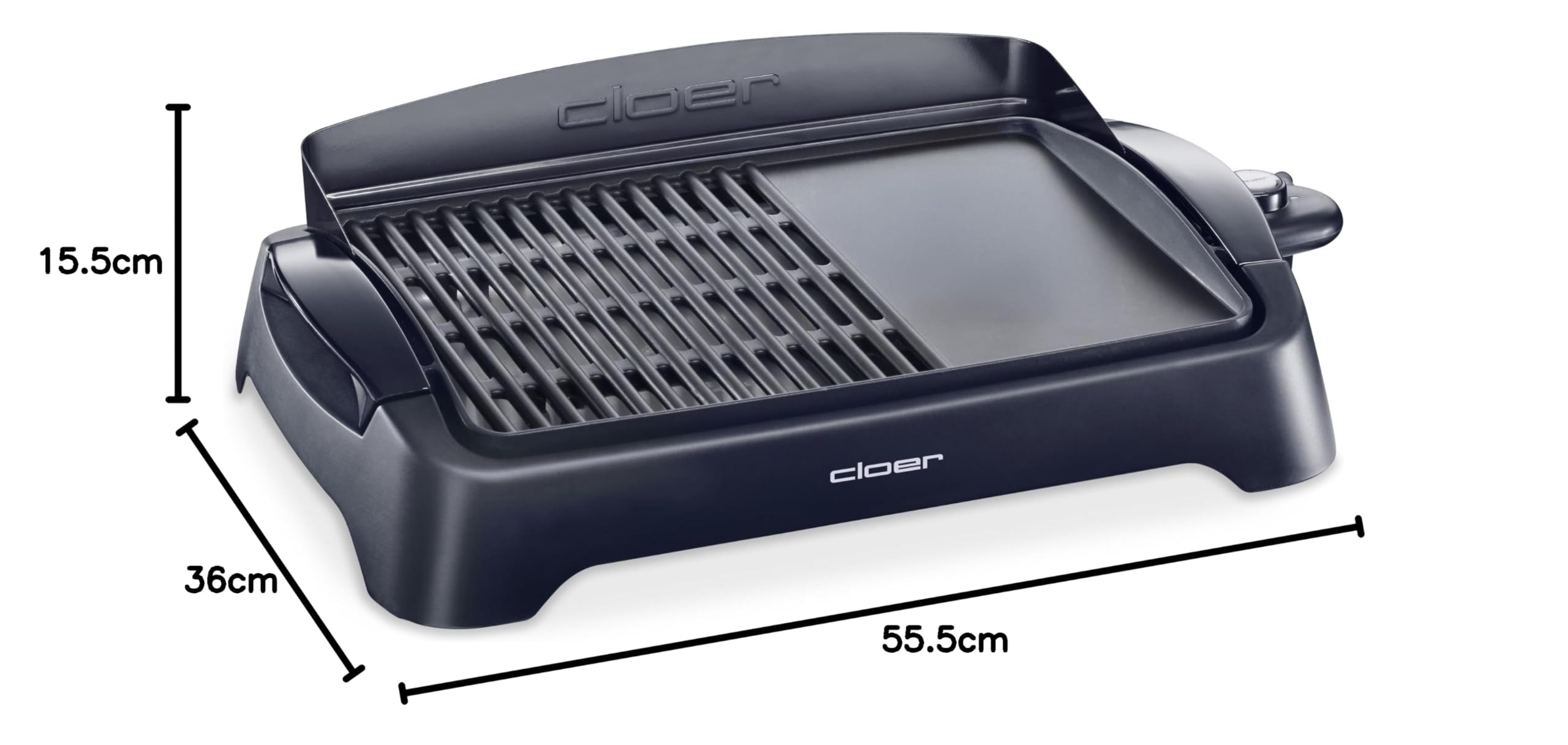 Cloer 656 Barbecue Elektrogrill, Tischgrill mit Spritzschutz, große Grillfläche 43 x 30,5 cm, Antihaftbeschichtung, 2000 Watt, schwarz