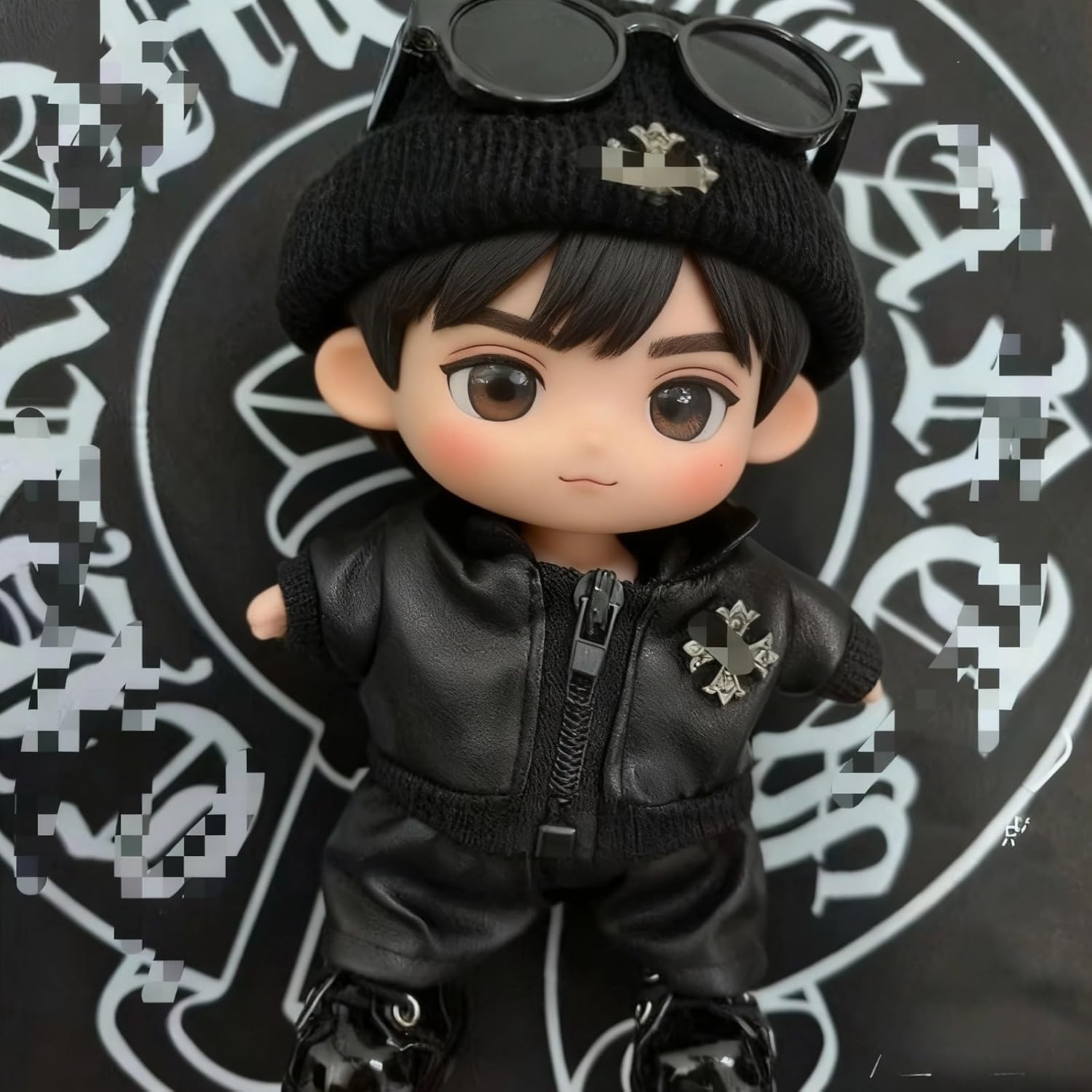 Compatible with Labubu ：5-Piece Black Doll Outfit Set – Faux Leather Jacket, Pants, Shoes, Knit Beanie & Sunglasses for 17cm Fashion Dolls