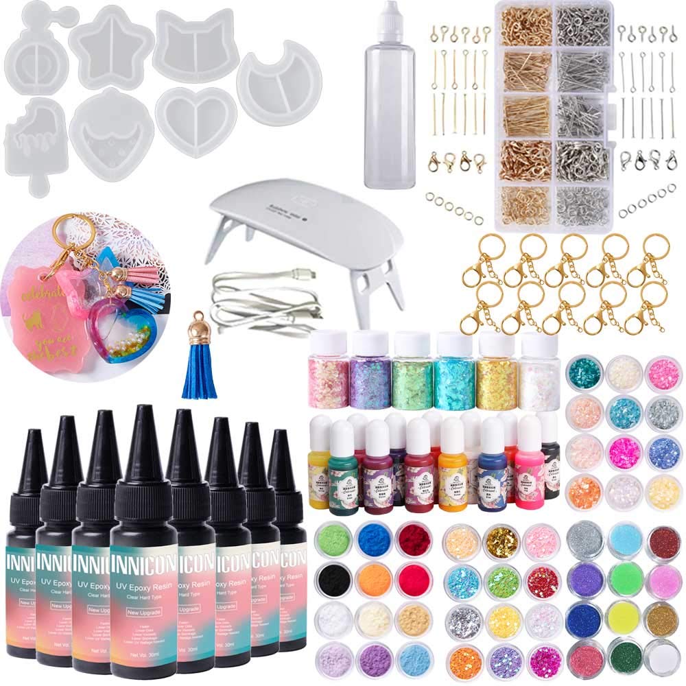 30mlx8 Epoxy UV Resin Tool Kit, 7X Wasserfall Charms Shaker Mould, 54x Glitter, Farbpigment, Schlüsselringe Hummerverschlüsse, Quastenanhänger, tragbare Lampe für DIY-Schlüsselbund