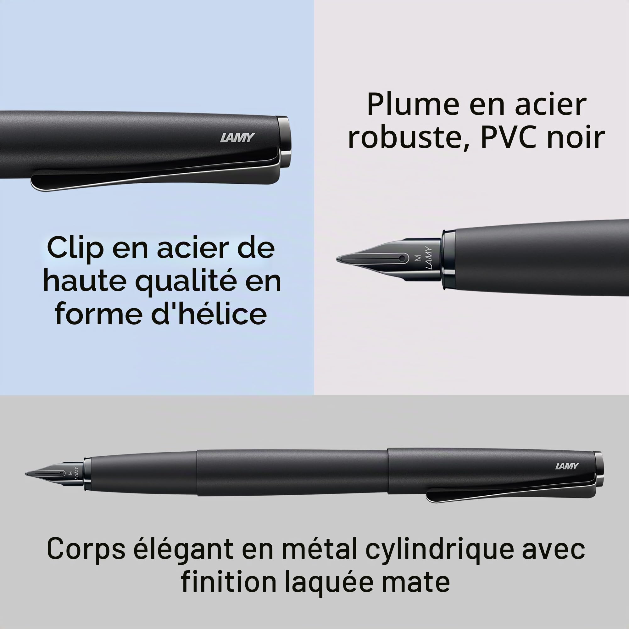 Lamy studio Lx all black - Stylo Plume dans un élégant corps en métal - plume en acier, noir PVD en largeur du trait F - avec cartouche d'encre bleue T 10
