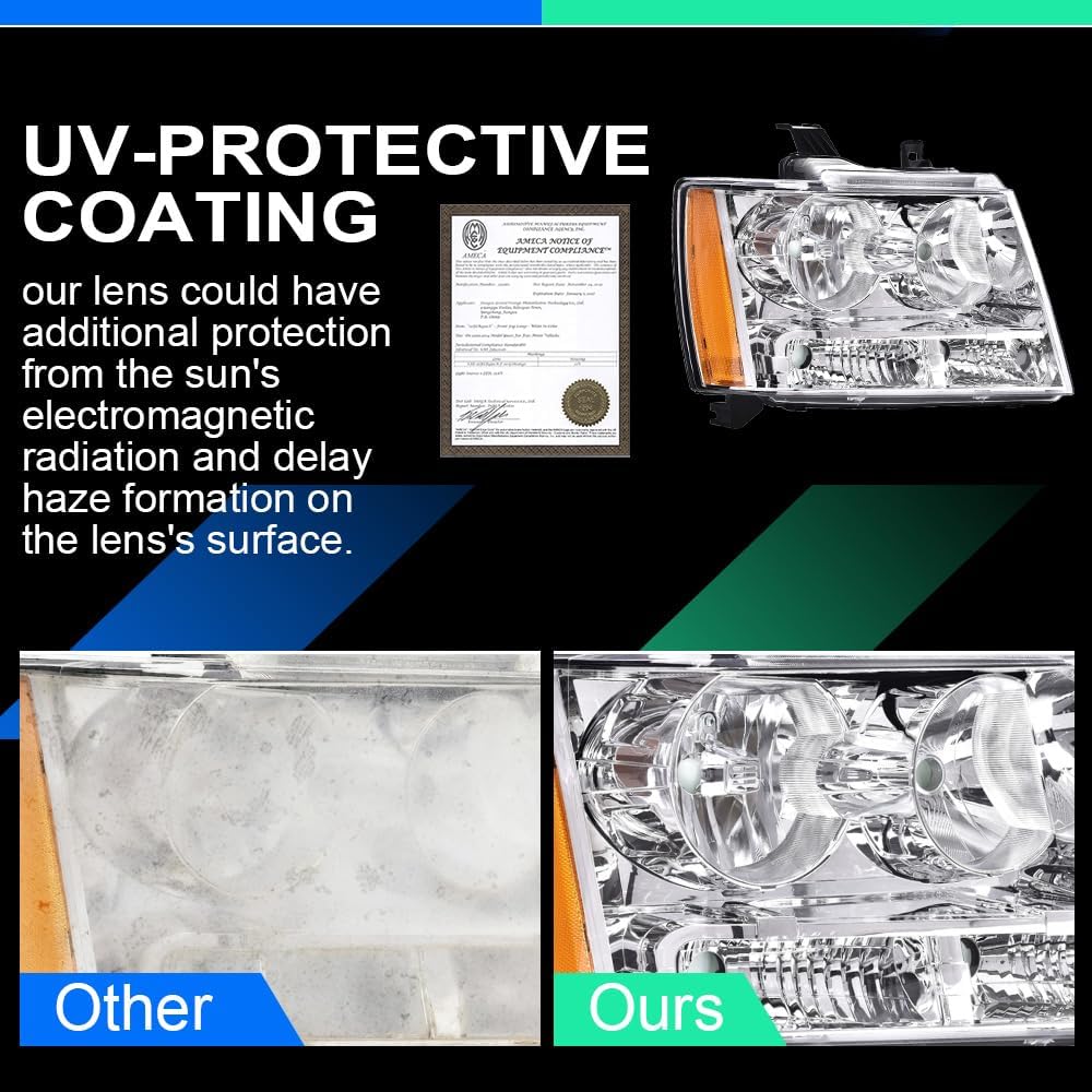 G-PLUS Headlights Assembly Compatible with 2007-2014 Chevy Suburban Tahoe/2007-2013 Avalanche Headlamp, GM2502263 GM2503263 Driver Side & Passenger Side, Clear lens Chrome Housing Amber Reflector