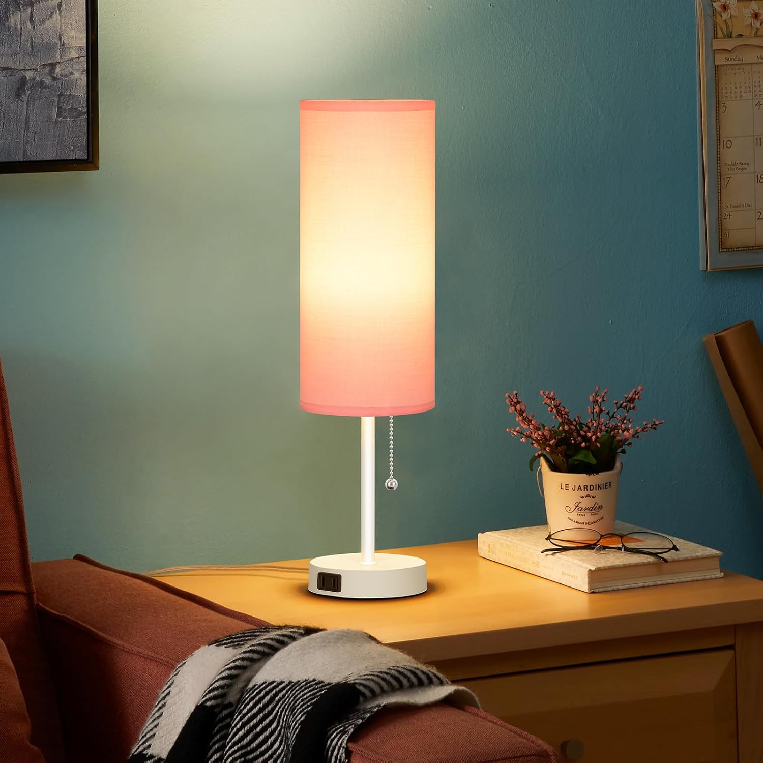 Dott Arts 18" Table Lamp for Bedroom, 3-Color Bedside Lamps with Pull Chain, Bedroom Table Lamps for Nightstand,AC Outlet Small Lamp for Living Room, Bulb Included Pink