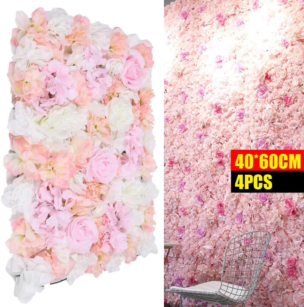 4Pcs Pink Artificial Flower Wall Panel Banquet Wedding Party Decor, for Wedding, Valentine's Day, Garden Wedding Ceremony, Bridal Shower, Anniversary