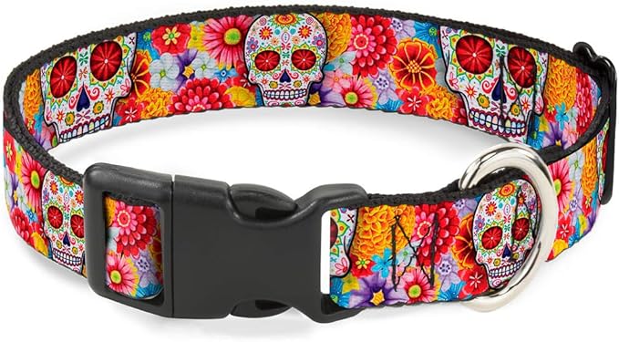 Buckle-Down Plastic Clip Collar - Sugar Skull Starburst White/Multi Color - 1.5