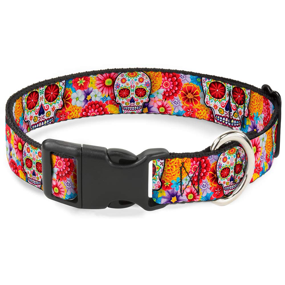 Buckle-Down Plastic Clip Collar - Sugar Skull Starburst White/Multi Color - 1/2" Wide - Fits 8-12" Neck - Medium