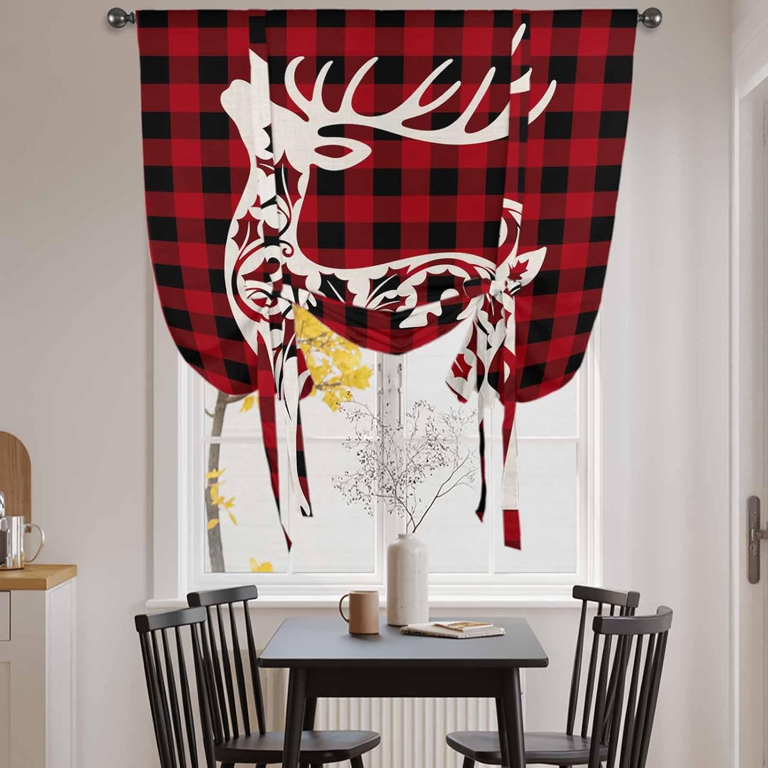 Red Black Plaid Christmas Tie Up Curtains for Window, Abstract Xmas Deer Winter Thermal Insulated Balloon Shade Adjustable Rod Pocket Curtains Valance Panels for Kitchen Bathroom Café 52'' x 45''