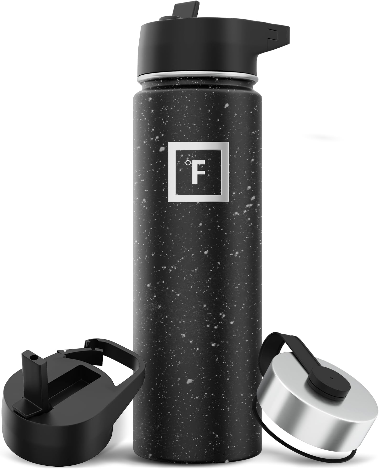 IRON °FLASK Camping & Hiking Hydration Flask with Straw, Wide Mouth Insulated Stainless Steel Sports Water Bottle - 22 oz Black Speckle