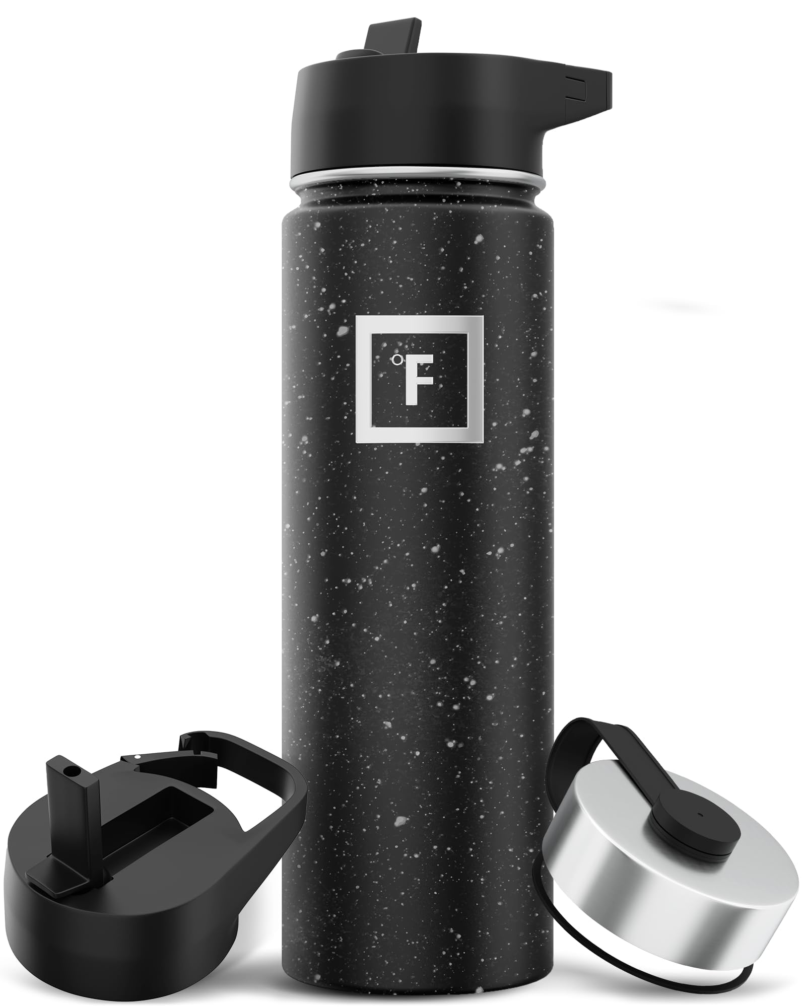 IRON °FLASK Camping & Hiking Hydration Flask with Straw, Wide Mouth Insulated Stainless Steel Sports Water Bottle - 22 oz Black Speckle