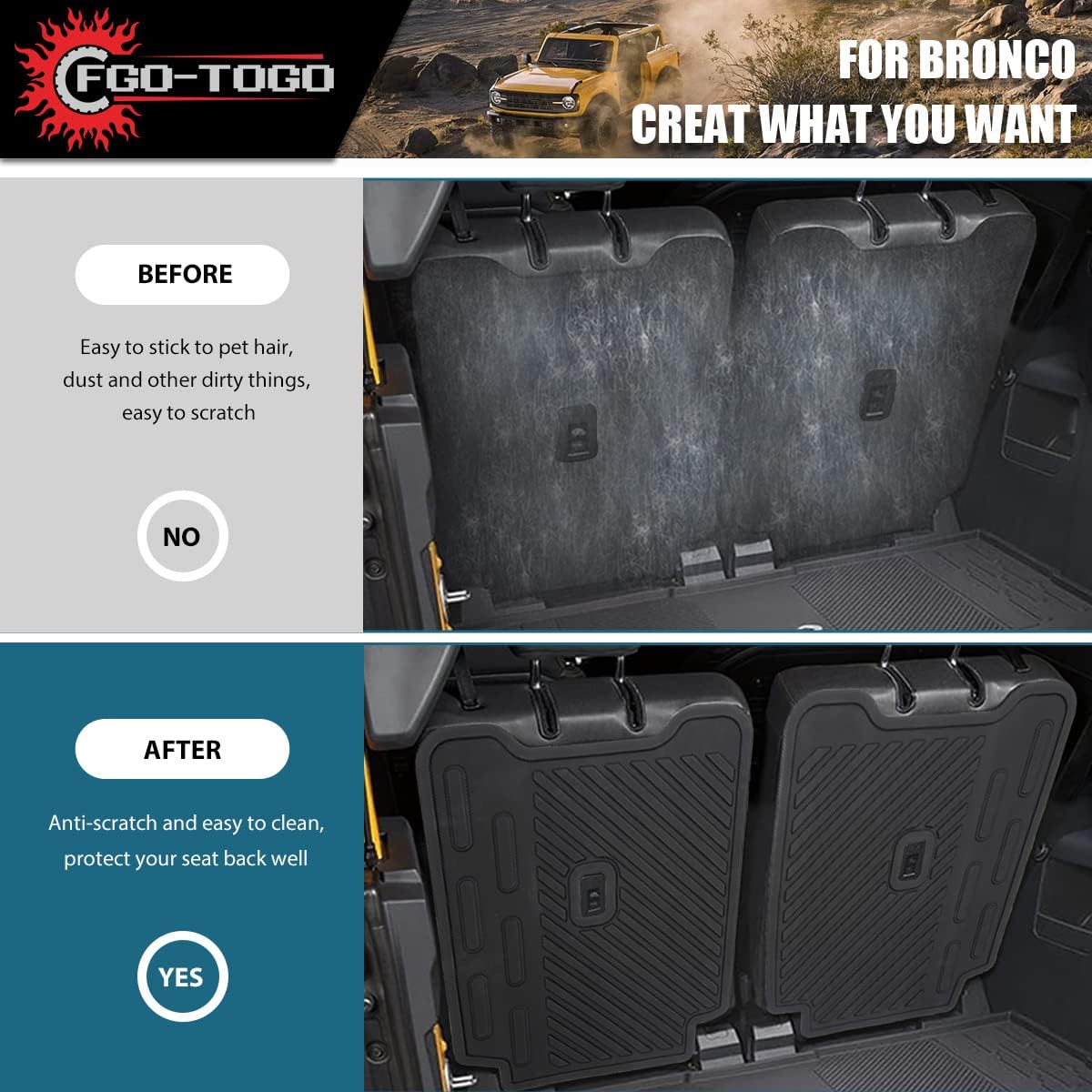 Seat Back Protector Cover for 2021 2022 2023 Ford Bronco Accessories 2 Door Cargo Cover Mat Dog Seat Liner for Backseat Backrest Mats Waterproof Anti-Scratch,Easy Install with Hook Loop Strip