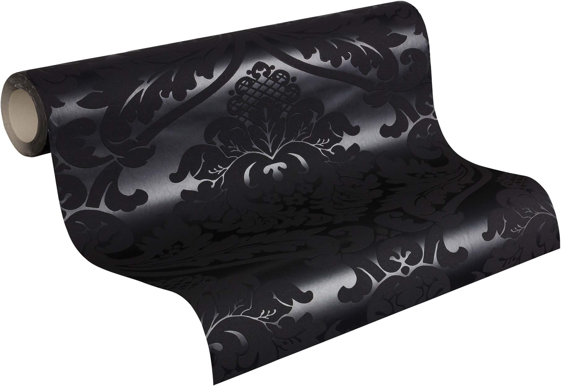 Livingwalls 552631 Classic Vintage Baroque Wallpaper in Black with Flock Damask Pattern,1'8'' x 32'11'' (0.53 x 10.05 m)