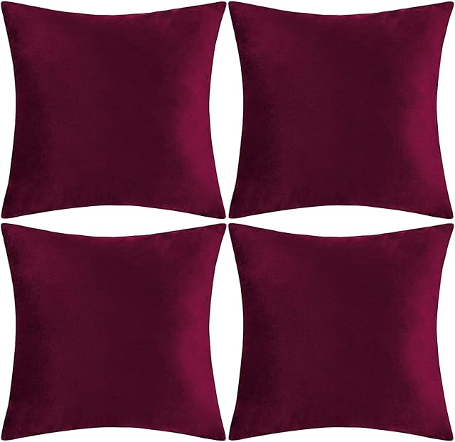 SWISSPACK 20x20 Velvet Soft Decorative Square Throw Pillow Case Cushion Covers Pillowcases for Livingroom Sofa Bedroom with Invisible Zipper!BIG SIZE! 20"x20" 4 Pieces (WINE)