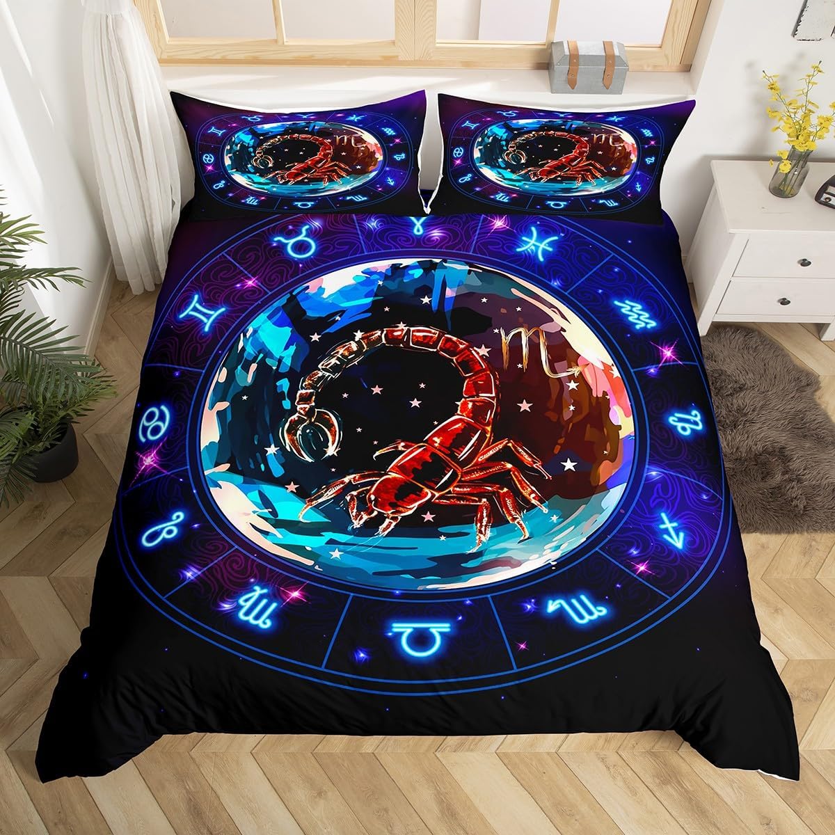 Manfei Scorpio Duvet Cover Set Queen Size, Western Astrology Zodiac Bedding Set for Kids Boys Girls, Outer Space Galaxy Comforter Cover 12 Constellations Quilt Cover with 2 Pillowcases,No Comforter