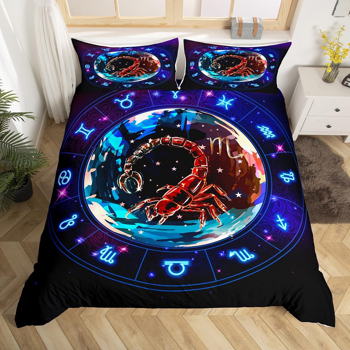 Manfei Scorpio Duvet Cover Set Queen Size, Western Astrology Zodiac Bedding Set for Kids Boys Girls, Outer Space Galaxy Comforter Cover 12 Constellations Quilt Cover with 2 Pillowcases,No Comforter