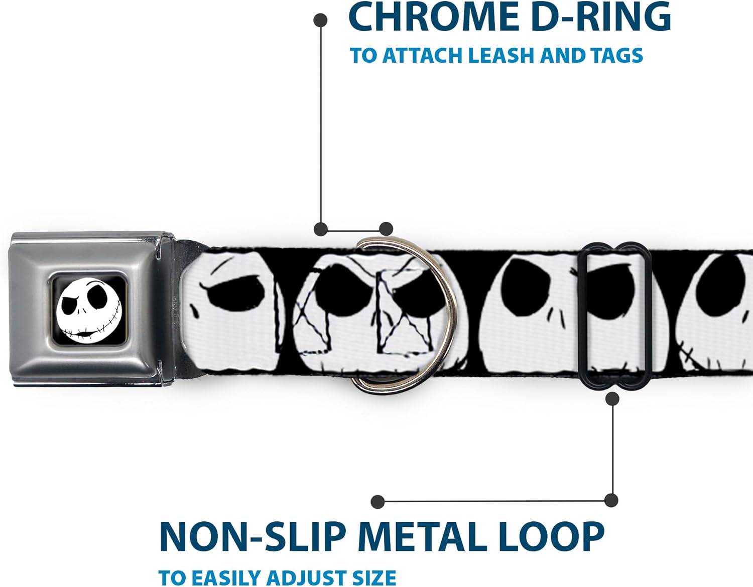 Dog Collar Seatbelt Buckle Nightmare Before Christmas 7 Jack Expressions Black White 18 to 32 Inches 1.5 Inch Wide